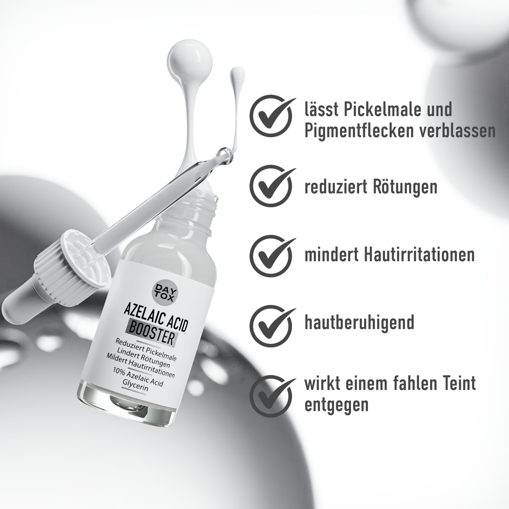 Daytox Azelaic Acid Booster Wirkung: Pickelmale & Pickmentflecken verblassen, Rötungen reduzieren, mindert Hautirritationen