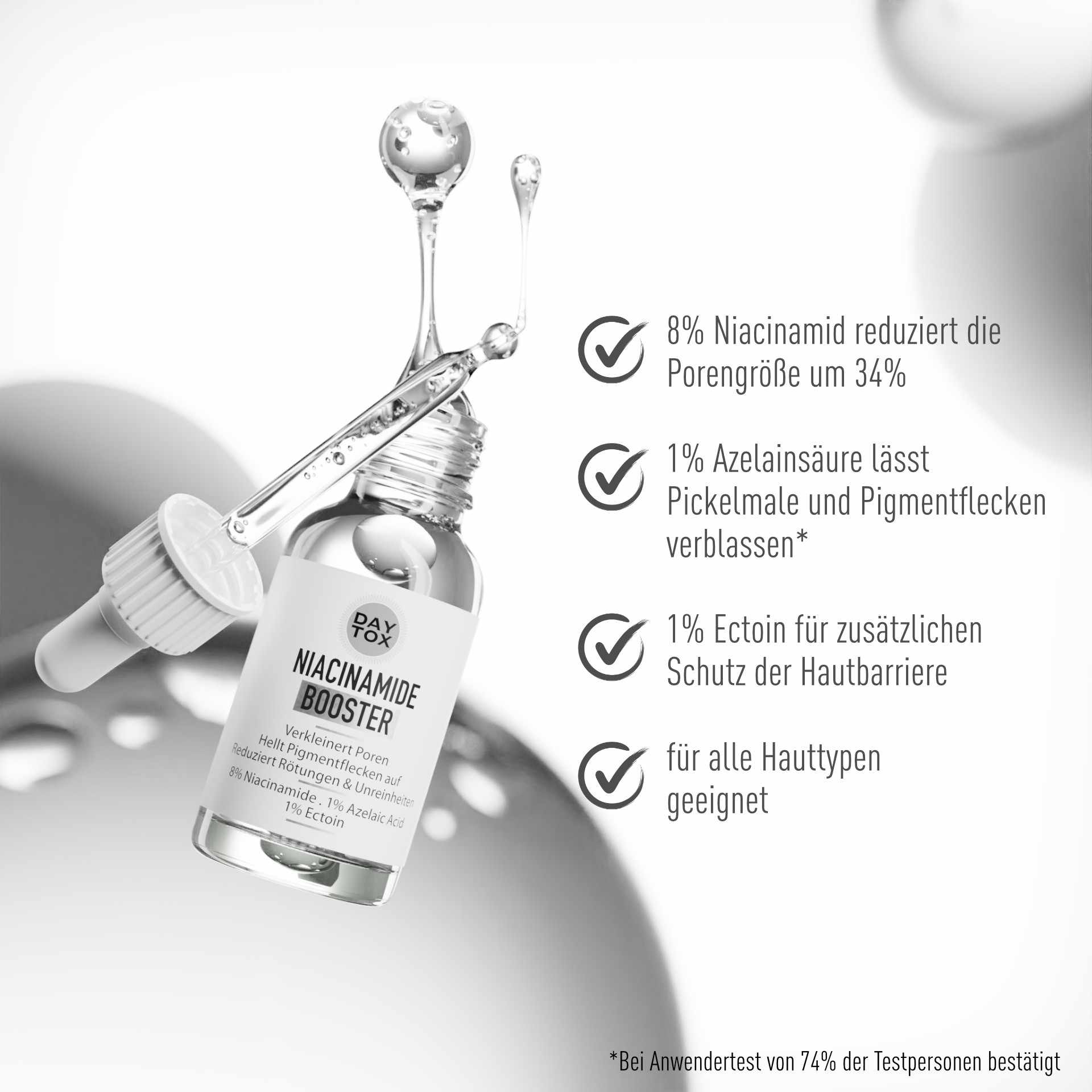 Daytox Niacinamide Booster Wirkung: verblasst Pickelmale & Pigmentflecken, schützt Hautbarriere