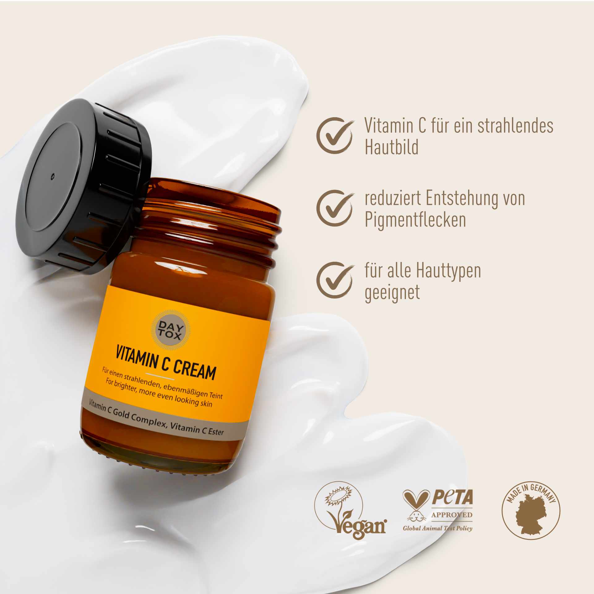 Daytox Vitamin C Cream Wirkung: strahlendes Hautbild, reduziert Pigmentflecken